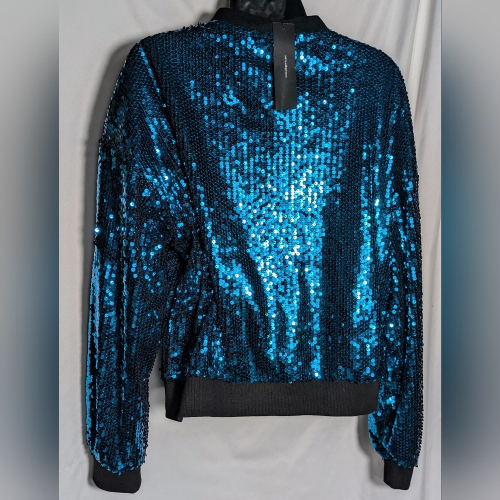 NWT Allegra K Teal Blue Sequin Sparkle Zip Front Bomber Evening Jacket Y2K L - Picture 4 of 10